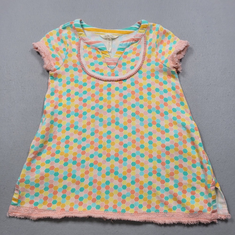 Matilda Jane Girls Size 8 Hexagon Print Short Sleeve Tunic Top Pink Fringe Trim